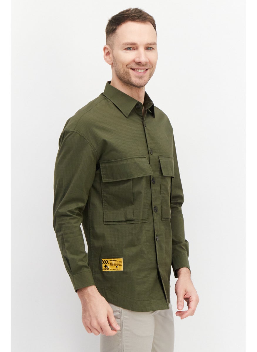 Men Regular Fit Long Sleeves Textured Casual Shirt, Army Green