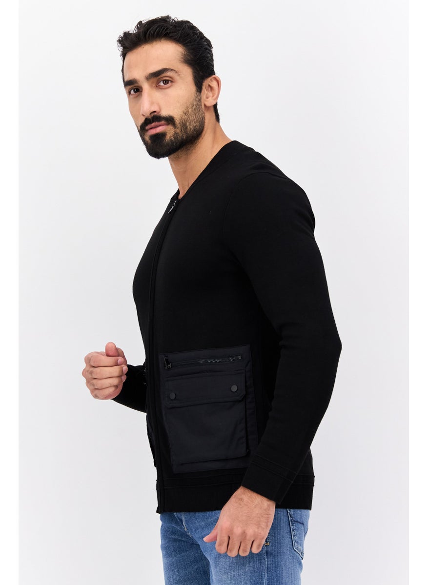 Men Crew Neck Solid Long Sleeves Full Zip Sweatshirt, Black