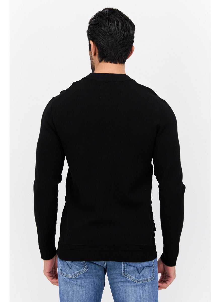 Men Crew Neck Solid Long Sleeves Full Zip Sweatshirt, Black