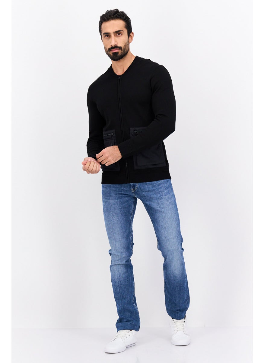Men Crew Neck Solid Long Sleeves Full Zip Sweatshirt, Black