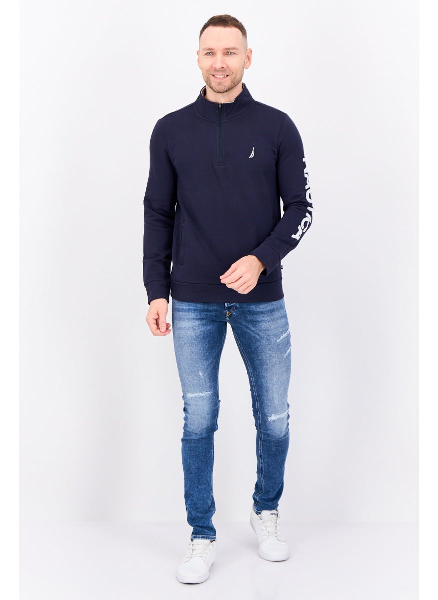 Men Mock Neck Embroidered Logo Long Sleeve Sweatshirt, Navy