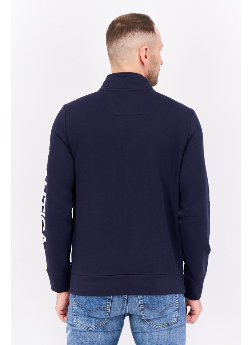 Men Mock Neck Embroidered Logo Long Sleeve Sweatshirt, Navy
