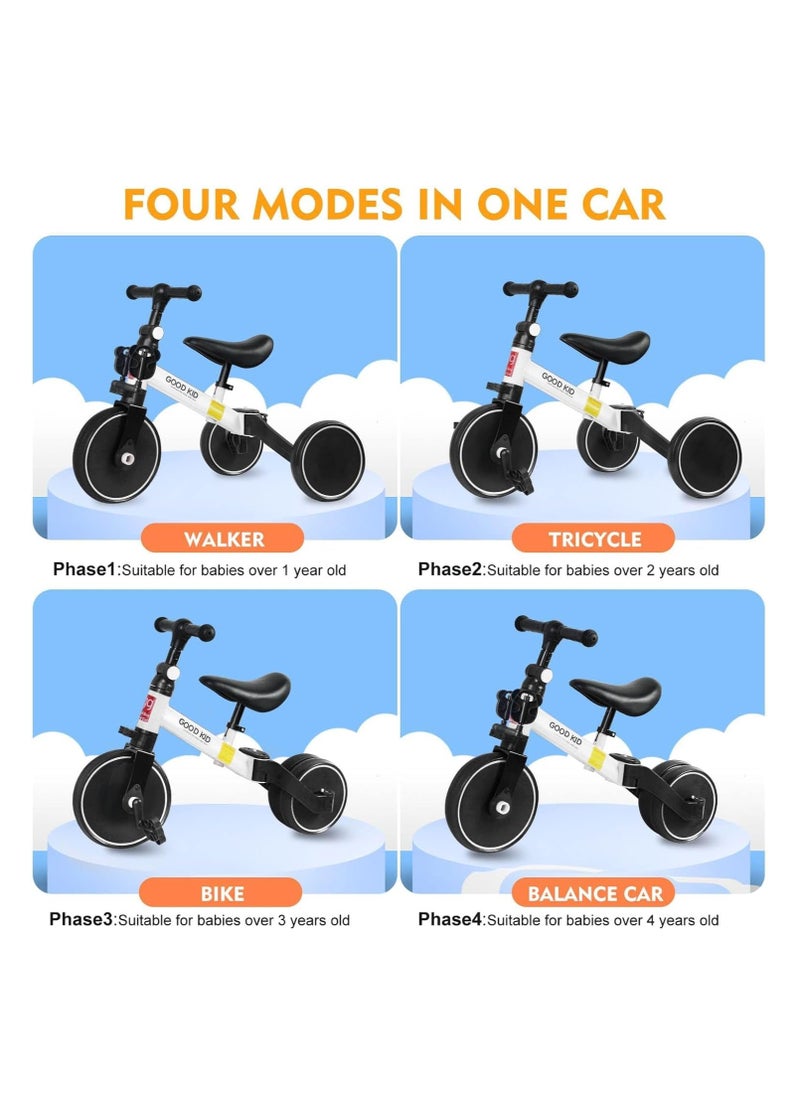 4-in-1 Kids Balance Bike & Tricycle for Toddlers Ages 1–4 | Convertible Ride-On Toy with Adjustable Seat & Pedals | Indoor & Outdoor Baby Trike for Boys & Girls | Perfect First Birthday Gift, Lightweight & Safe Design (White)
