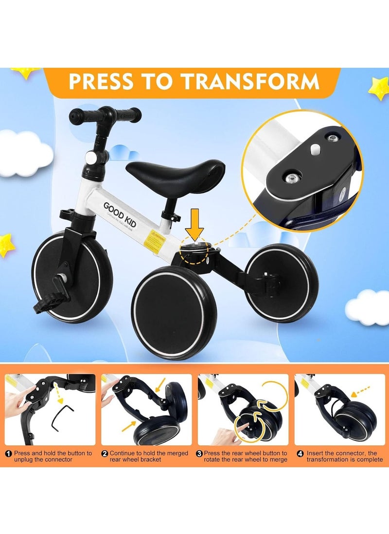4-in-1 Kids Balance Bike & Tricycle for Toddlers Ages 1–4 | Convertible Ride-On Toy with Adjustable Seat & Pedals | Indoor & Outdoor Baby Trike for Boys & Girls | Perfect First Birthday Gift, Lightweight & Safe Design (White)