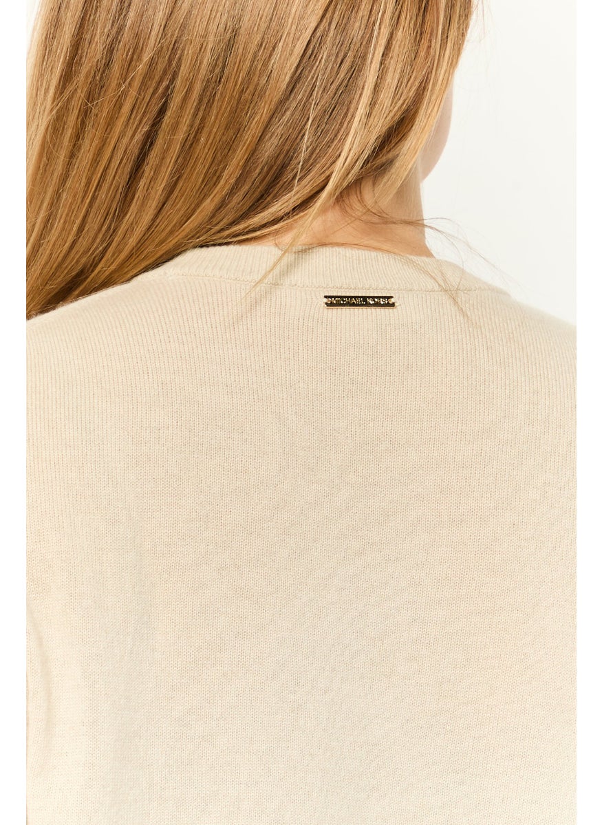 Women Crew Neck Puff Sleeve Rib Knit Blouse, Khaki