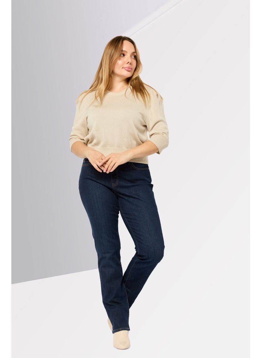 Women Crew Neck Puff Sleeve Rib Knit Blouse, Khaki