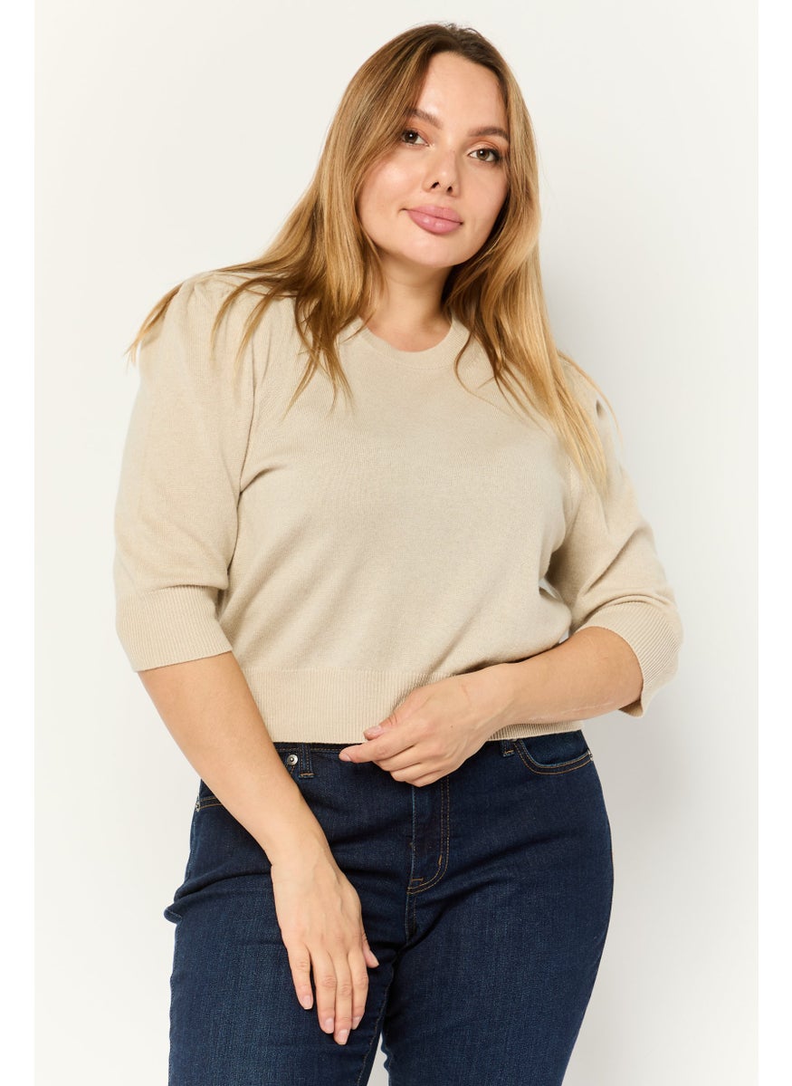 Women Crew Neck Puff Sleeve Rib Knit Blouse, Khaki