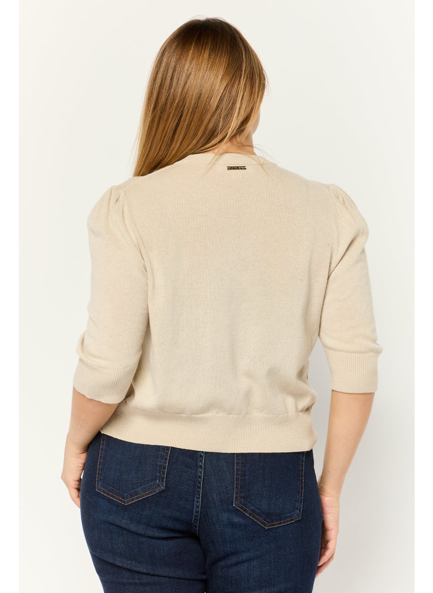 Women Crew Neck Puff Sleeve Rib Knit Blouse, Khaki