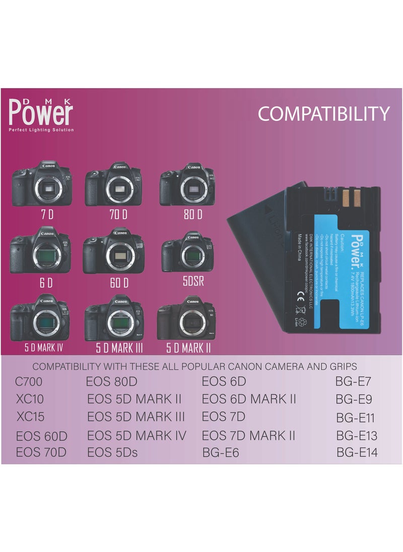 DMK Power LP-E6 LP-E6N 1800 mAh Battery Compatible with Canon EOS R 60D 70D 80D 5D II 5D III 5D IV 5Ds 6D 6D Mark II 7D 7D Mark II C700 XC10 XC15 Cameras