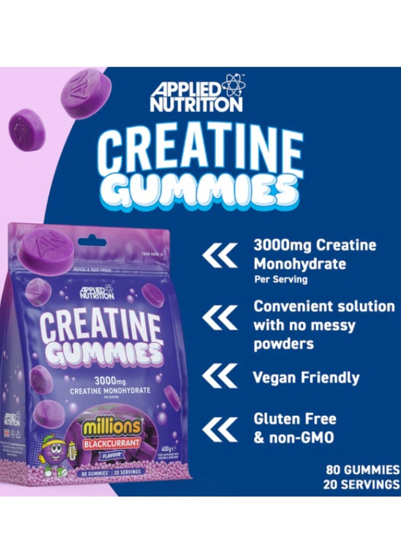 Creatine Gummies, Millions Blackcurant, 80 Gummies (400 Grams) 3000mg Creatine Monohydrate Per Serving