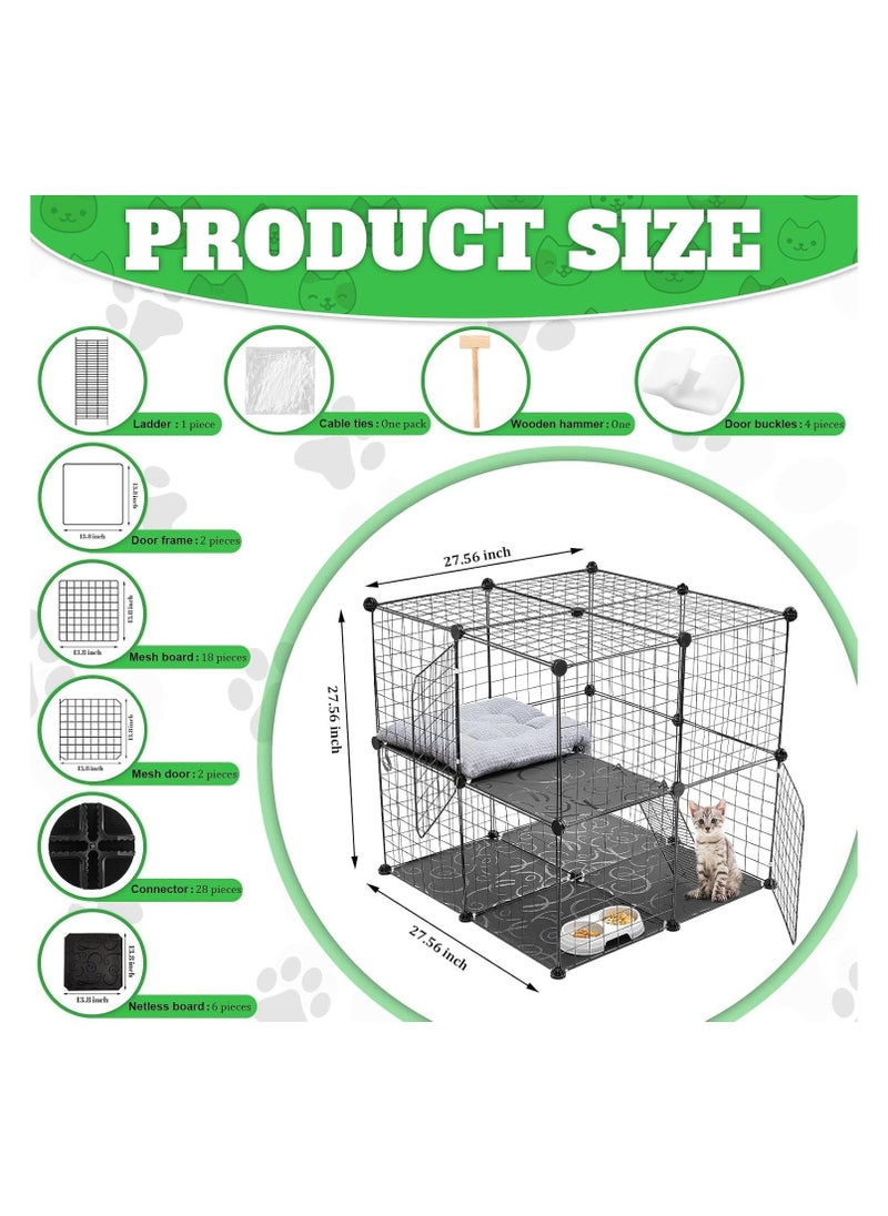 2 Tier Large Cat Cage Crate DIY Pet Playpen Detachable Dense Metal Wire Ferret Cage Indoor Cat Kennels for Kitten Puppy Bunny Exercise (Black, 27.56 x 27.56 x 27.56 Inches)