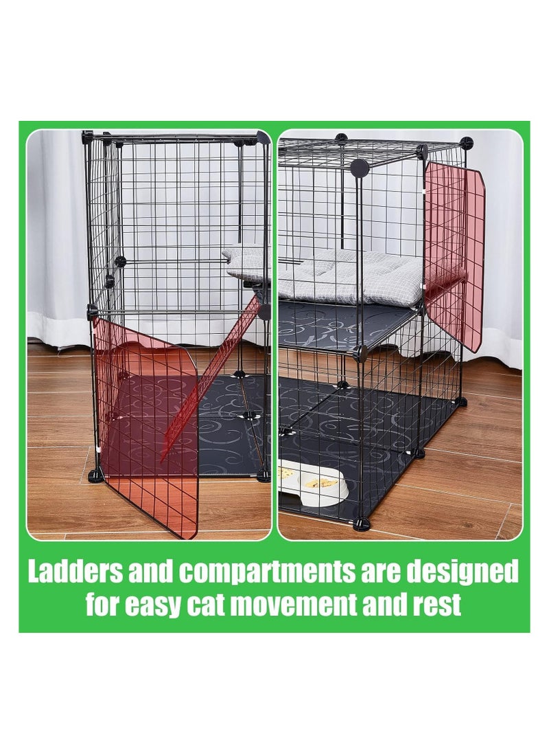 2 Tier Large Cat Cage Crate DIY Pet Playpen Detachable Dense Metal Wire Ferret Cage Indoor Cat Kennels for Kitten Puppy Bunny Exercise (Black, 27.56 x 27.56 x 27.56 Inches)