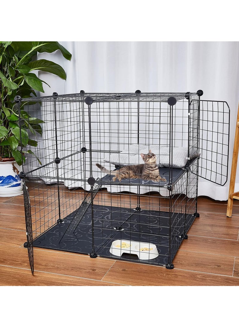 2 Tier Large Cat Cage Crate DIY Pet Playpen Detachable Dense Metal Wire Ferret Cage Indoor Cat Kennels for Kitten Puppy Bunny Exercise (Black, 27.56 x 27.56 x 27.56 Inches)