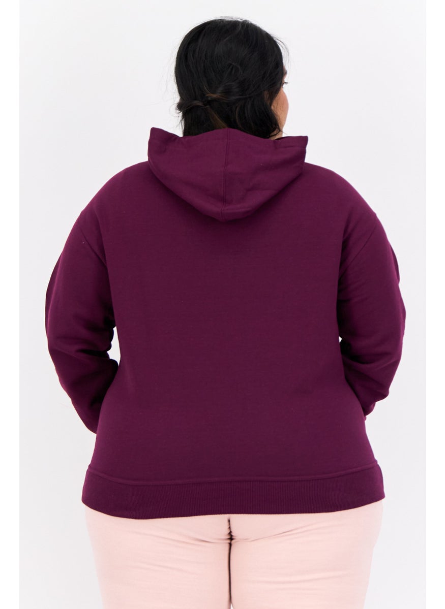 Women Plus Size Long Sleeves Outdoor Hooded Sweatshirt, Maroon