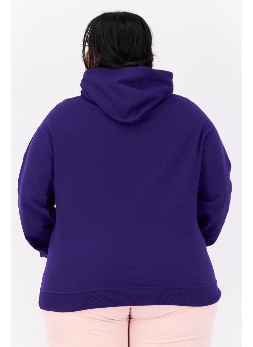 Women Plus Size Long Sleeves Outdoor Hooded Sweatshirt, Purple
