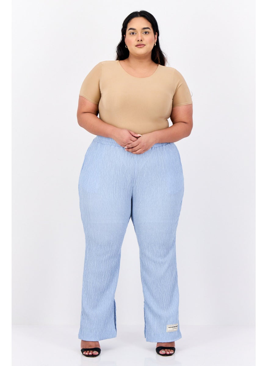 Women Regular Fit Wide Leg Textured Palazzo Pants, Light Blue