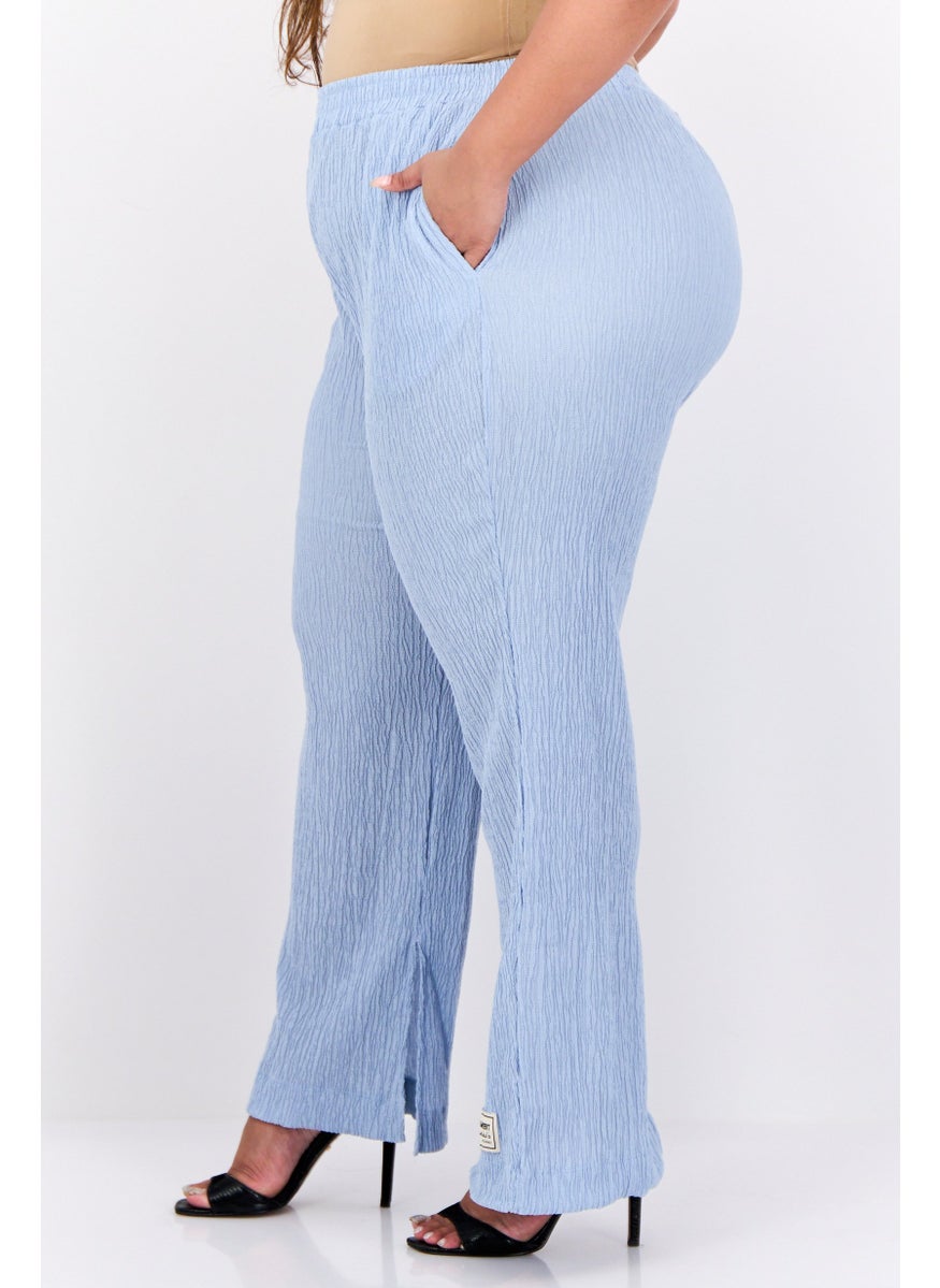 Women Regular Fit Wide Leg Textured Palazzo Pants, Light Blue