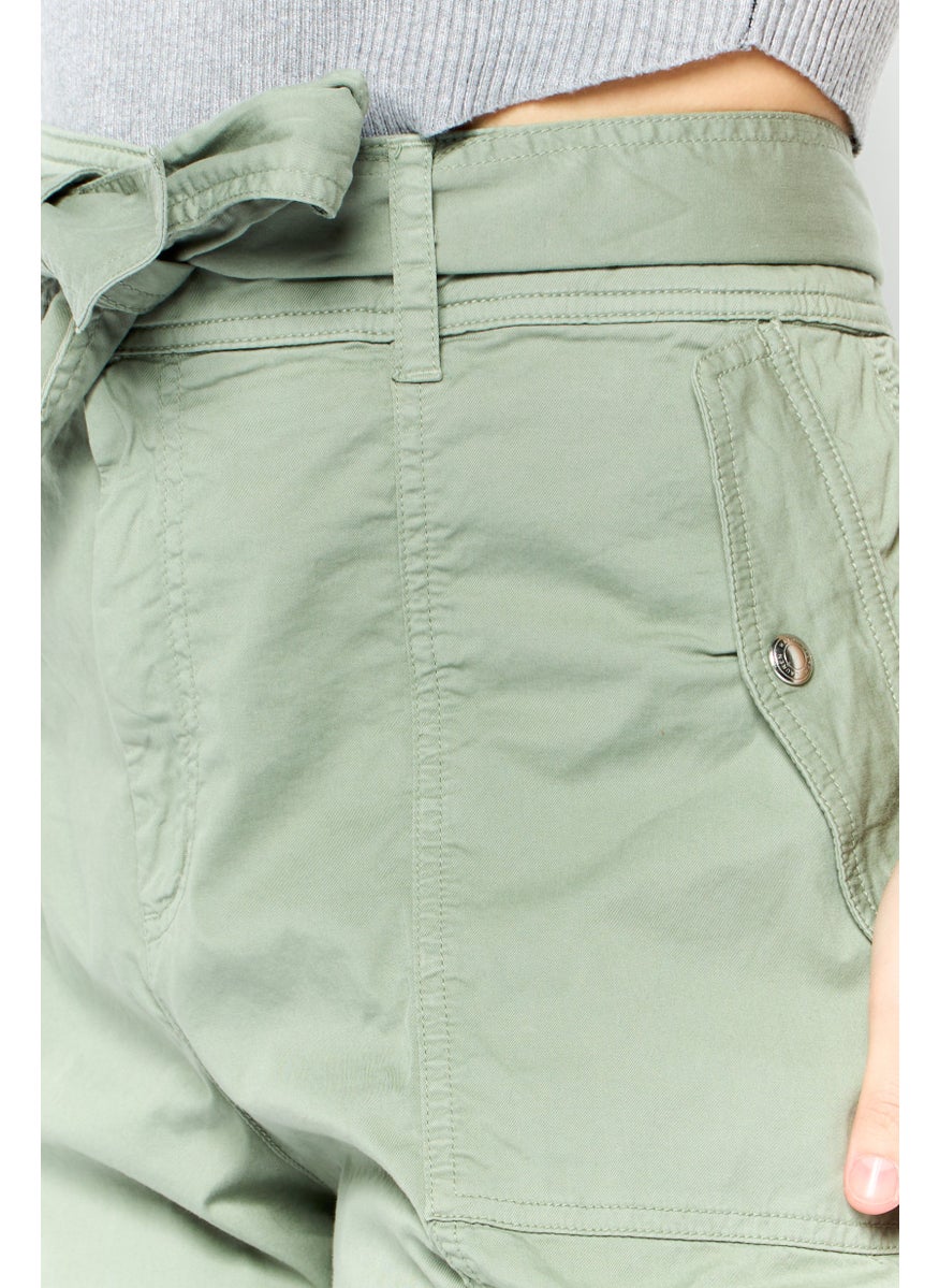 Women Regular Fit Plain Belted Twill Cargo Pants, Olive
