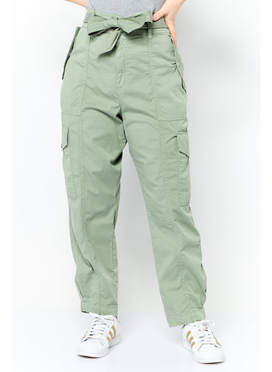 Women Regular Fit Plain Belted Twill Cargo Pants, Olive
