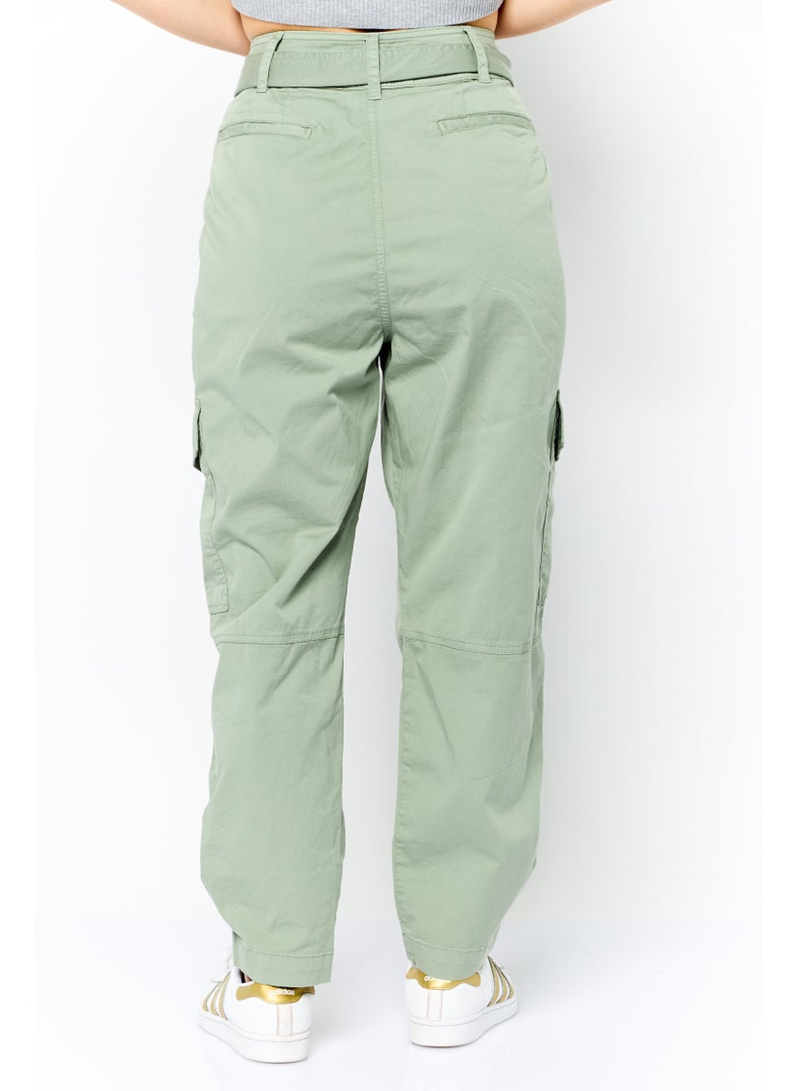 Women Regular Fit Plain Belted Twill Cargo Pants, Olive