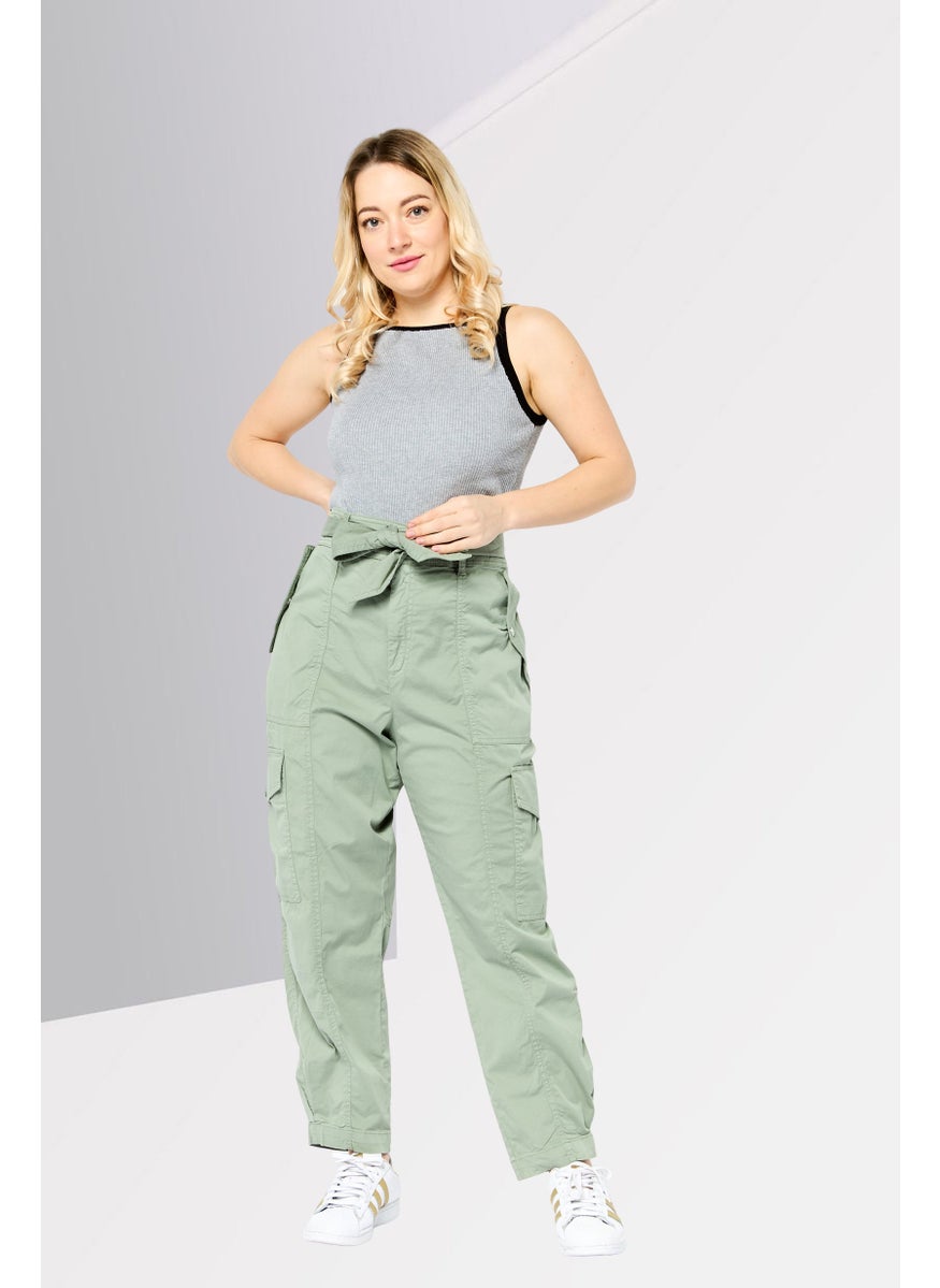 Women Regular Fit Plain Belted Twill Cargo Pants, Olive