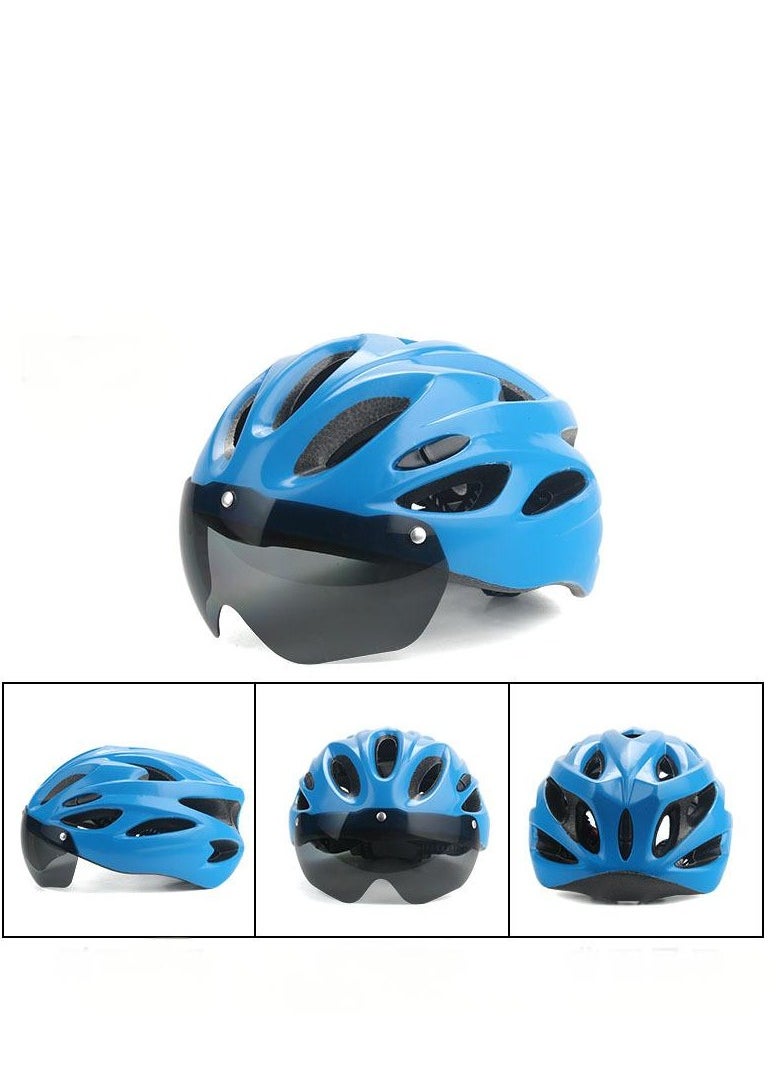 Adult bicycle helmet with detachable magnetic goggles, road and mountain riding protective helmet, adjustable size,unisex，blue