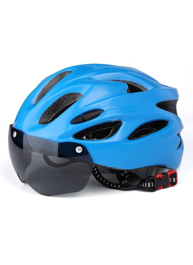 Adult bicycle helmet with detachable magnetic goggles, road and mountain riding protective helmet, adjustable size,unisex，blue