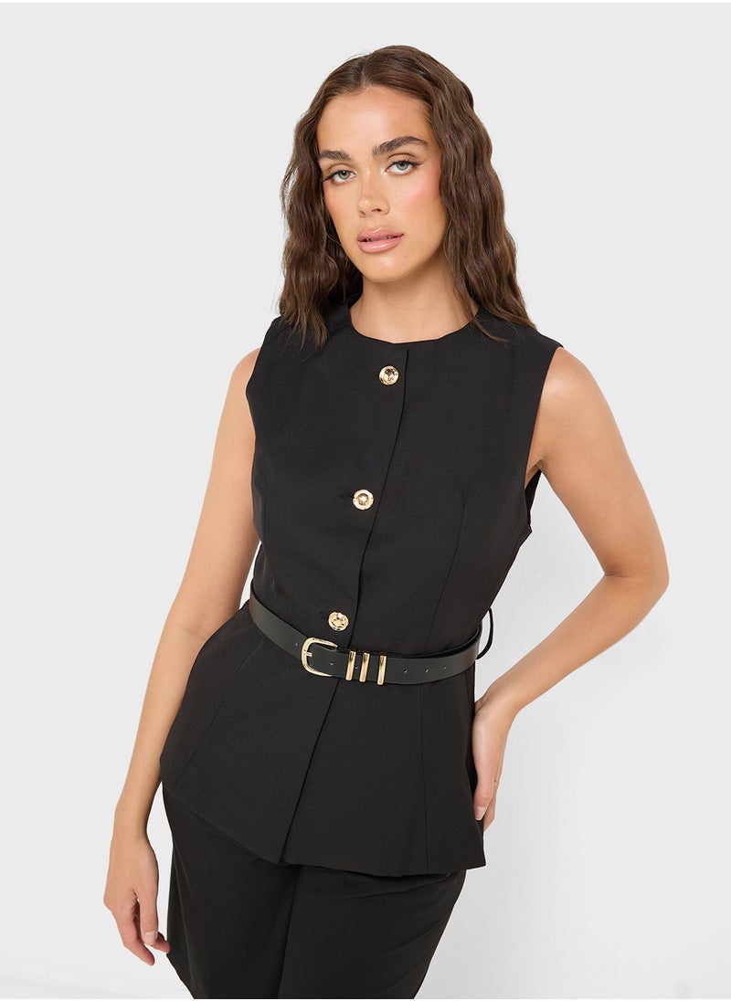 Button Down Tailored Vest With Belt
