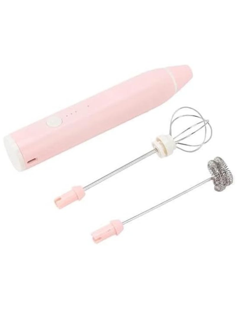 Rechargeable Electric Milk Frother Handheld - Powerful Coffee Whisk with 2 Eggbeater Heads - Portable Foam Mixer for Latte Cappuccino Hot Chocolate - Pink