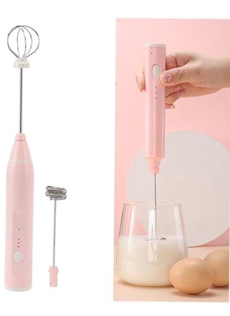 Rechargeable Electric Milk Frother Handheld - Powerful Coffee Whisk with 2 Eggbeater Heads - Portable Foam Mixer for Latte Cappuccino Hot Chocolate - Pink