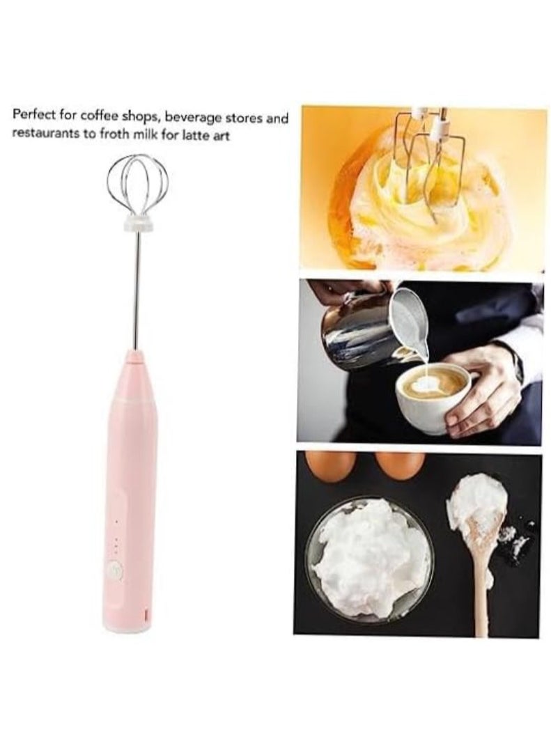 Rechargeable Electric Milk Frother Handheld - Powerful Coffee Whisk with 2 Eggbeater Heads - Portable Foam Mixer for Latte Cappuccino Hot Chocolate - Pink
