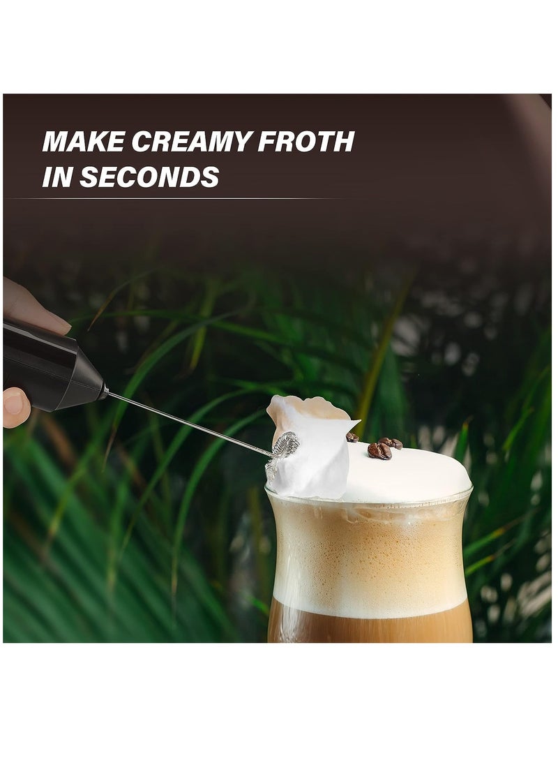 Milk Frother Handheld with Stainless Steel Stand Battery Operated Whisk Drink Mixer for Coffee, Frappe, Latte, Matcha, Black Handheld