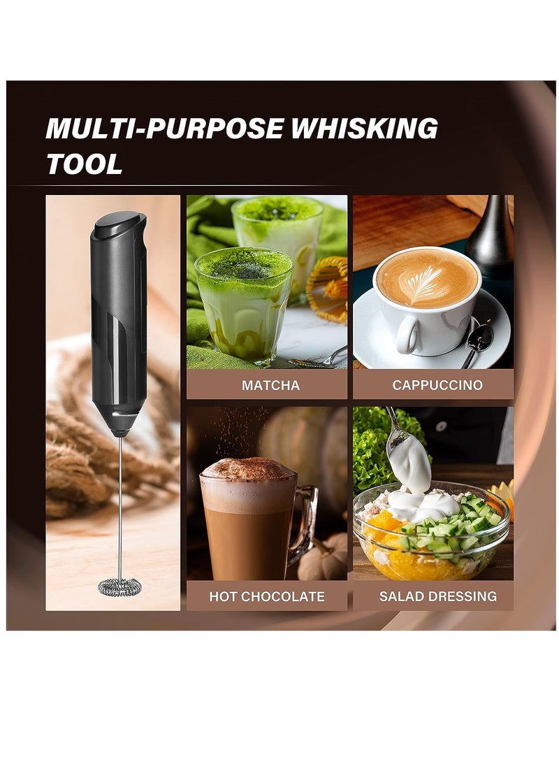 Milk Frother Handheld with Stainless Steel Stand Battery Operated Whisk Drink Mixer for Coffee, Frappe, Latte, Matcha, Black Handheld