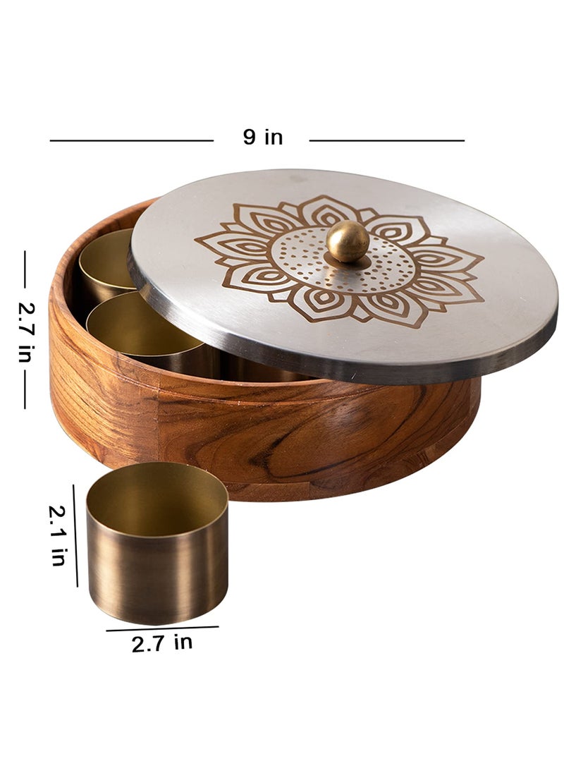 nestroots Masala Box Chapati Box for Kitchen with Cake Stand for Party| Wooden Spice jar with Casserole roti Box and Cake Stand Combo (Lazer Silver)
