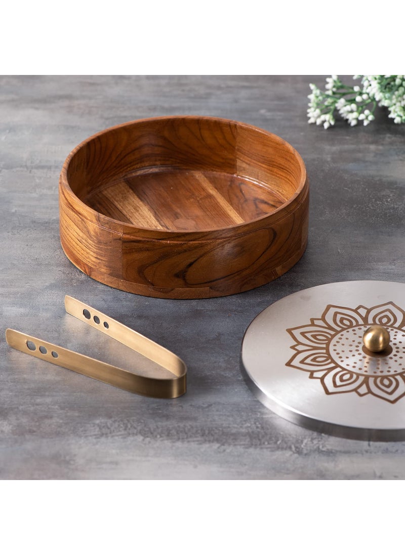 nestroots Masala Box Chapati Box for Kitchen with Cake Stand for Party| Wooden Spice jar with Casserole roti Box and Cake Stand Combo (Lazer Silver)