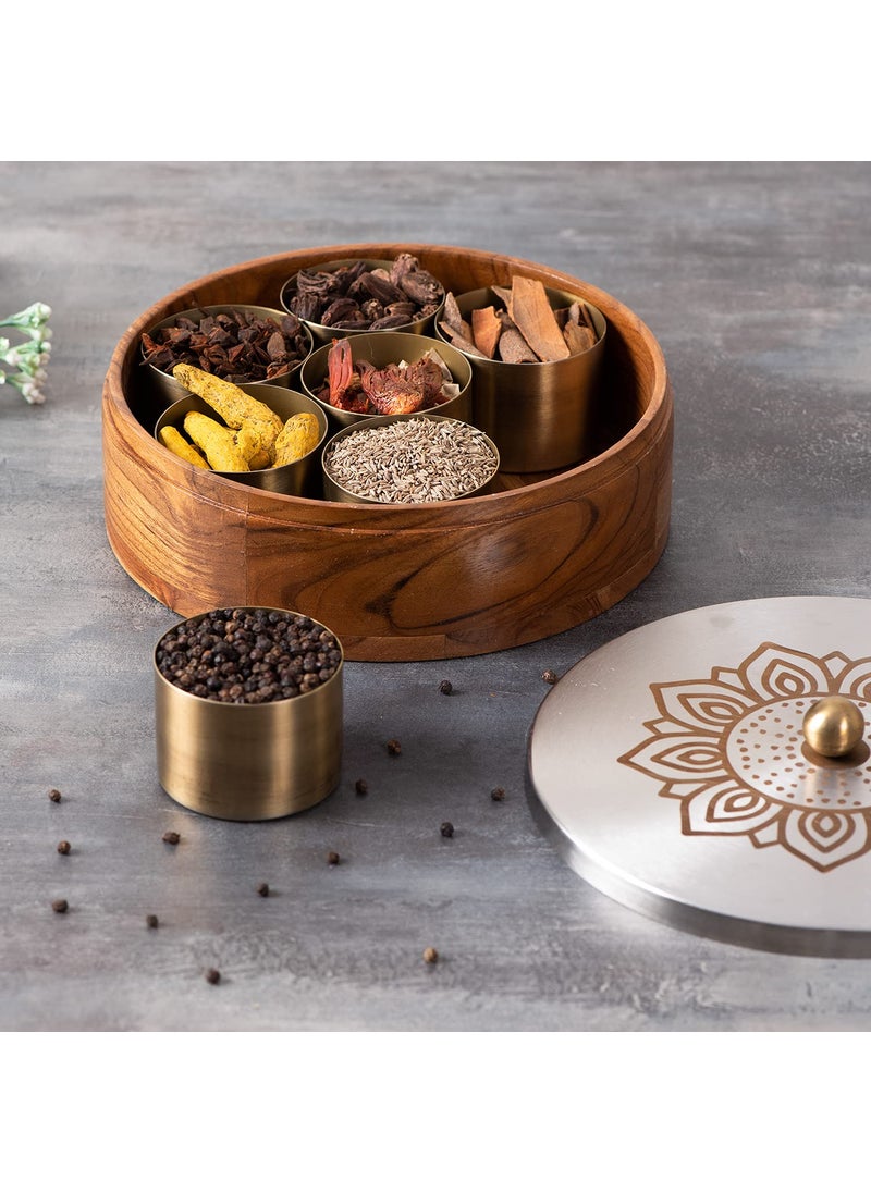 nestroots Masala Box Chapati Box for Kitchen with Cake Stand for Party| Wooden Spice jar with Casserole roti Box and Cake Stand Combo (Lazer Silver)