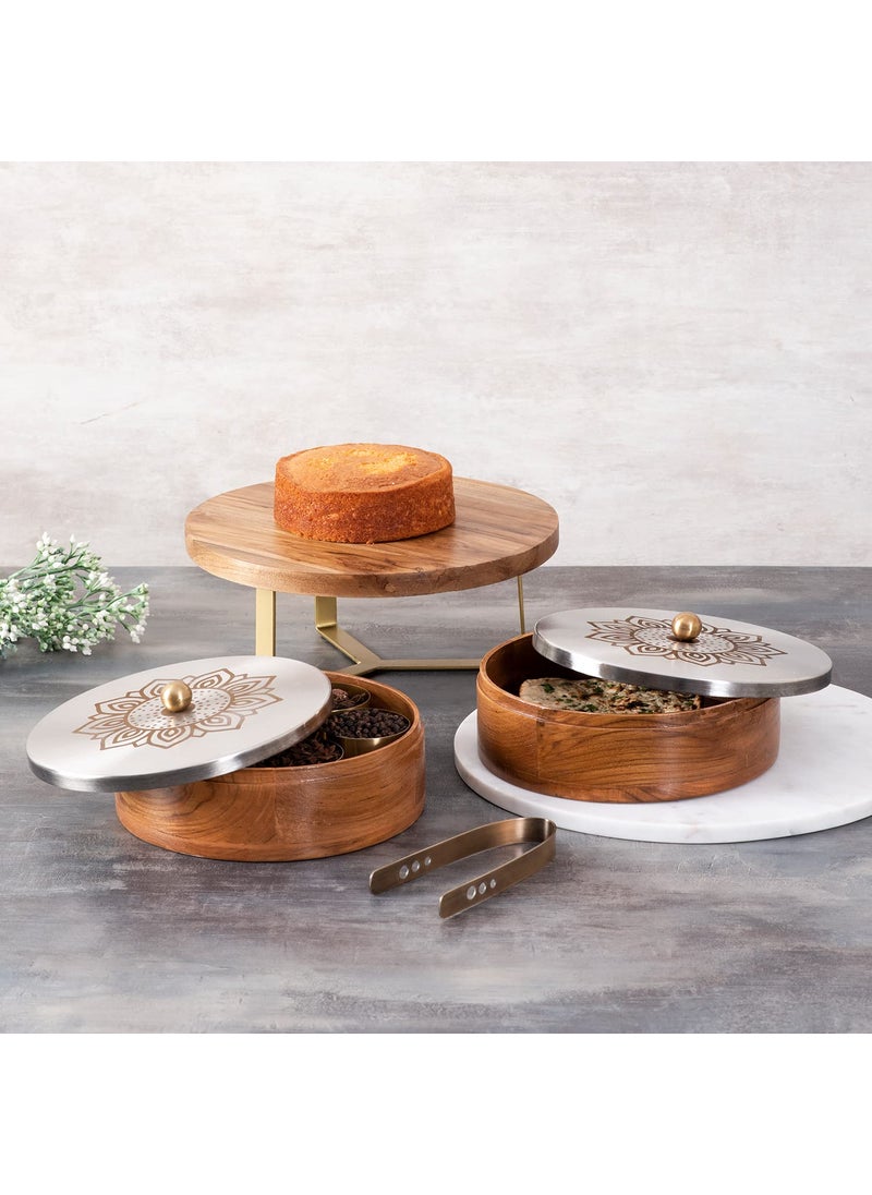 nestroots Masala Box Chapati Box for Kitchen with Cake Stand for Party| Wooden Spice jar with Casserole roti Box and Cake Stand Combo (Lazer Silver)