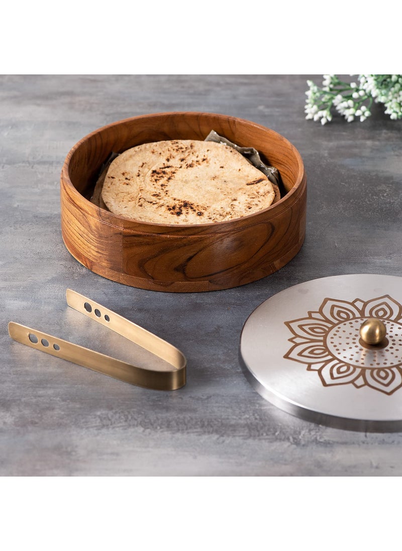 nestroots Masala Box Chapati Box for Kitchen with Cake Stand for Party| Wooden Spice jar with Casserole roti Box and Cake Stand Combo (Lazer Silver)