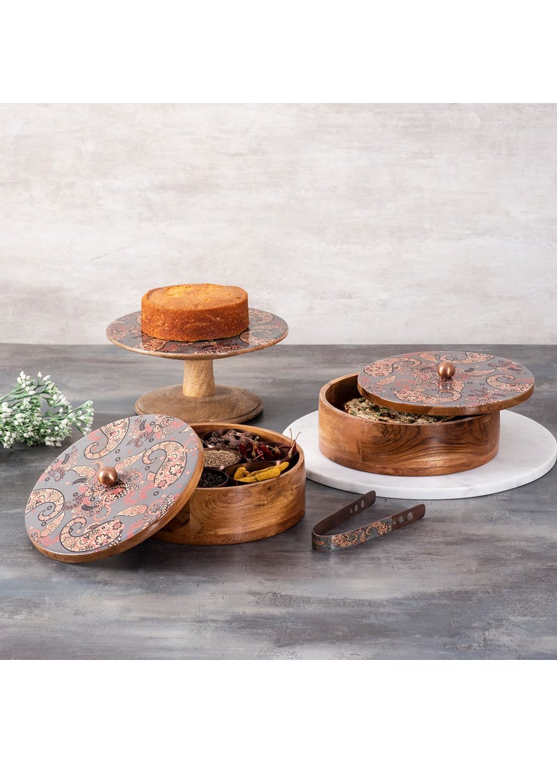 nestroots Masala Box Chapati Box for Kitchen with Cake Stand for Party| Wooden Spice jar with Casserole roti Box and Cake Stand Combo (Semi Grey Printed)