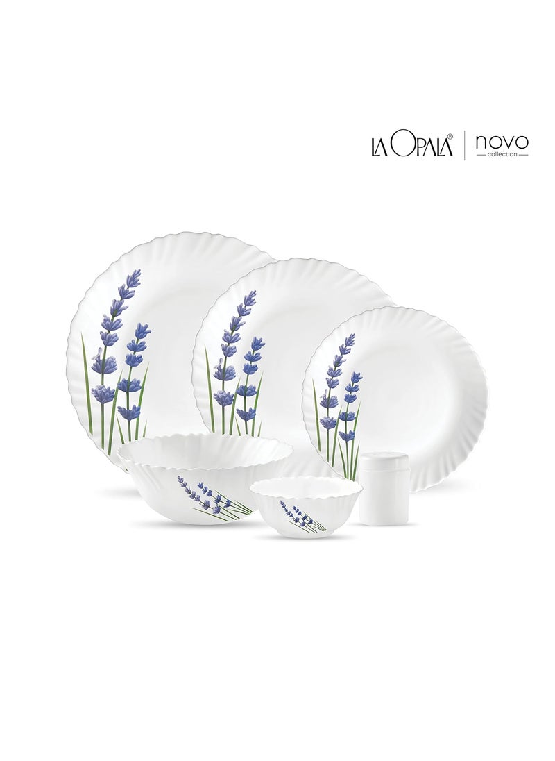 La Opala Novo Collection Opal Glass Crockery | for Family of 6 | Dinner Set 23 pcs English Lavender | Plates & Bowls for Dining | Microwave Safe | 100% Vegetarian | Extra Strong | Light & White