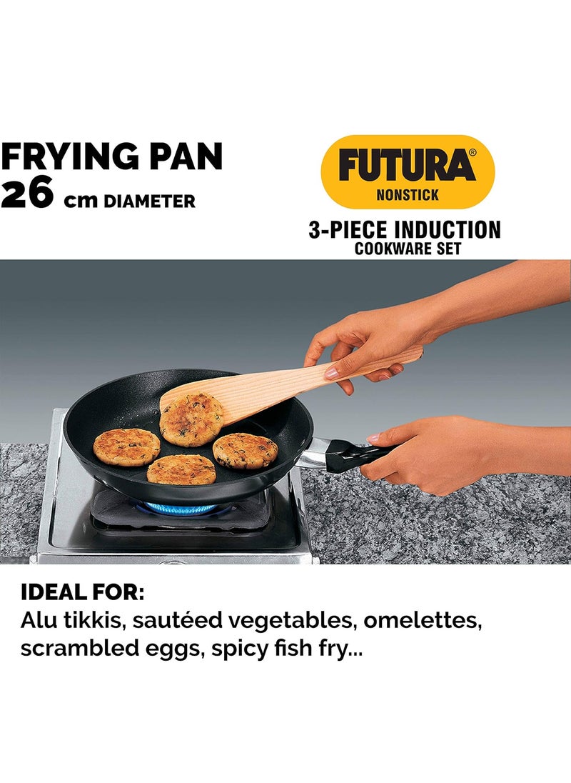 Futura Nonstick Cookware Set No. 2 • TAVA: 26 cm Dia; 4.88 mm Thick • Frying PAN: 26 cm Dia;3.25 mm Thick • Curry PAN (Saute PAN): with Stainless Steel Lid 3.25 Litre; 3.25 mm Thick