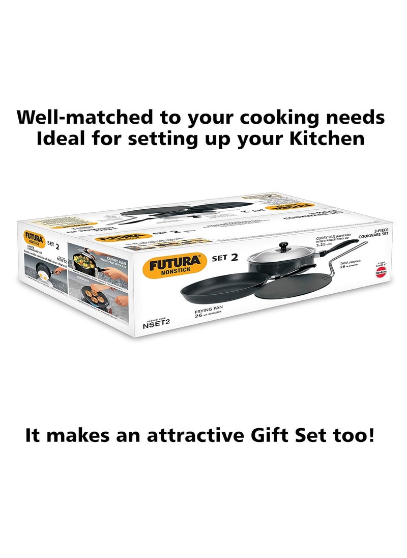 Futura Nonstick Cookware Set No. 2 • TAVA: 26 cm Dia; 4.88 mm Thick • Frying PAN: 26 cm Dia;3.25 mm Thick • Curry PAN (Saute PAN): with Stainless Steel Lid 3.25 Litre; 3.25 mm Thick