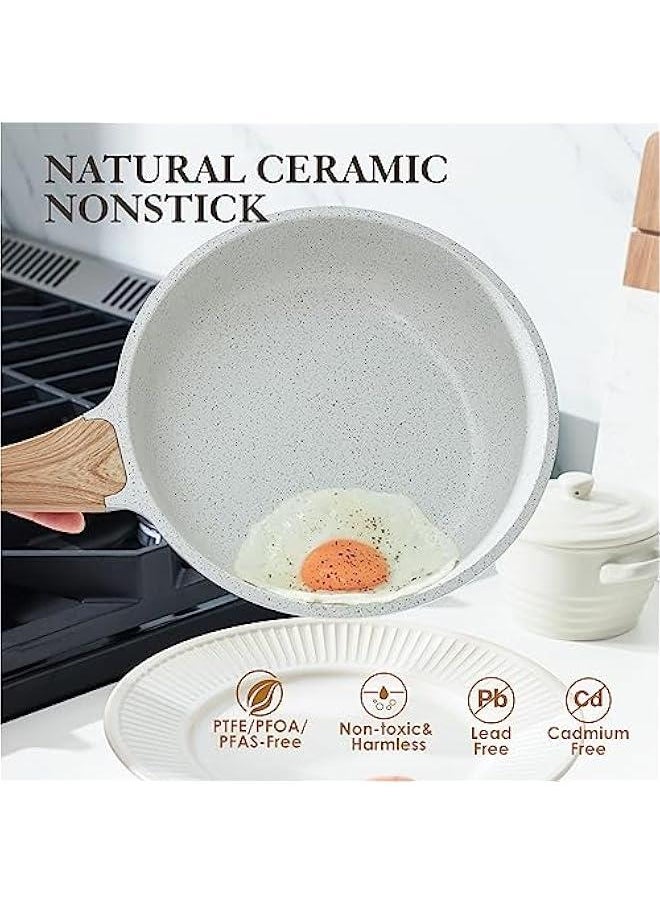 Nonstick Ceramic Frying Pan Skillet, 8-Inch Omelet Pan, Healthy Non Toxic Chef Pan, Induction Compatible Egg Pan with Heat Resistant Handle, PFAS-Free, White