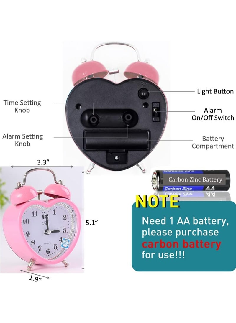 3 Inches Cute Twin Bell Loud Alarm Clock Silent Analog Quartz Nightlight Tableclock Battery Operated for Kids, Seniors, Heavy Sleepers, Decorations for Bedroom, Living Room (Pink)
