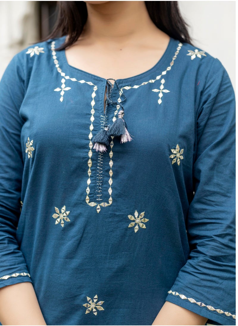 Mirror Embroidered Floral Cotton Kurta Set