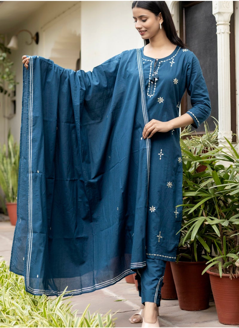 Mirror Embroidered Floral Cotton Kurta Set