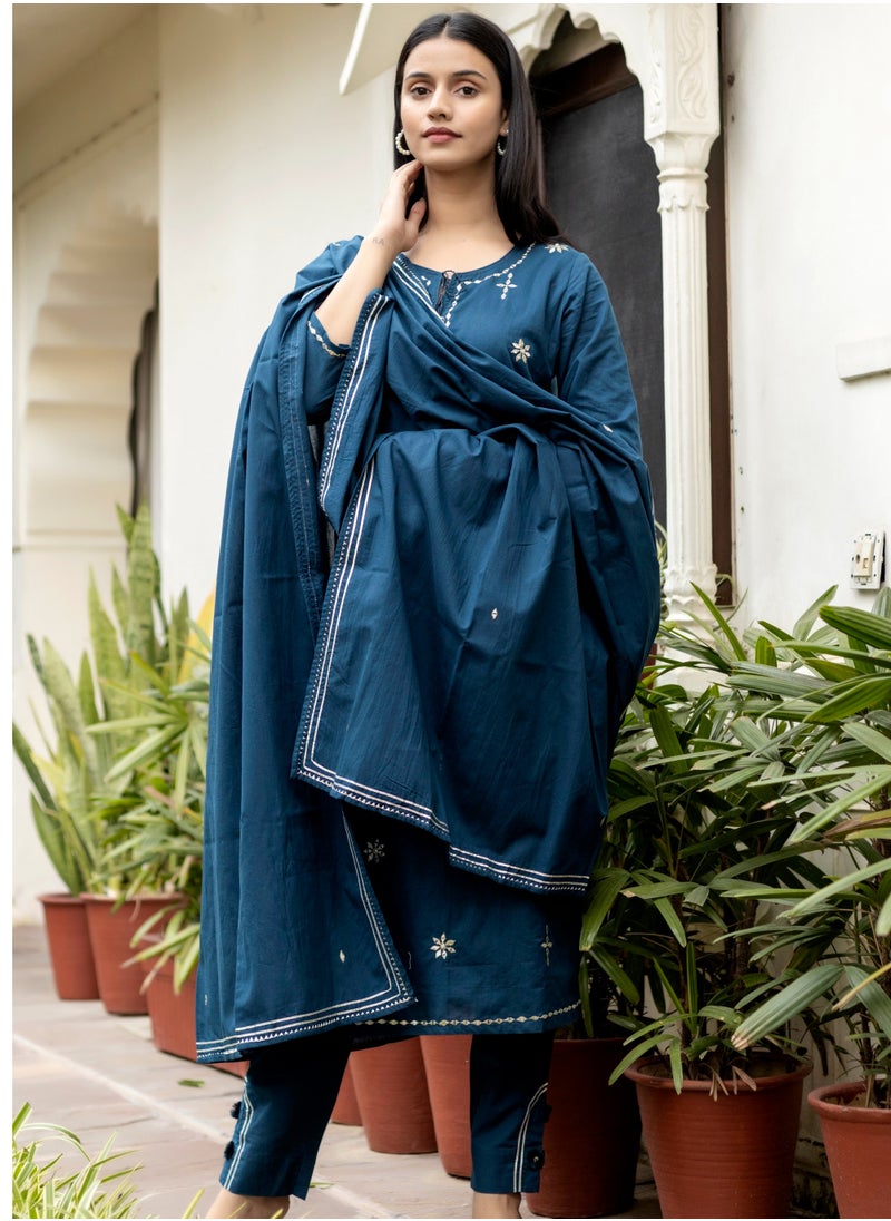 Mirror Embroidered Floral Cotton Kurta Set