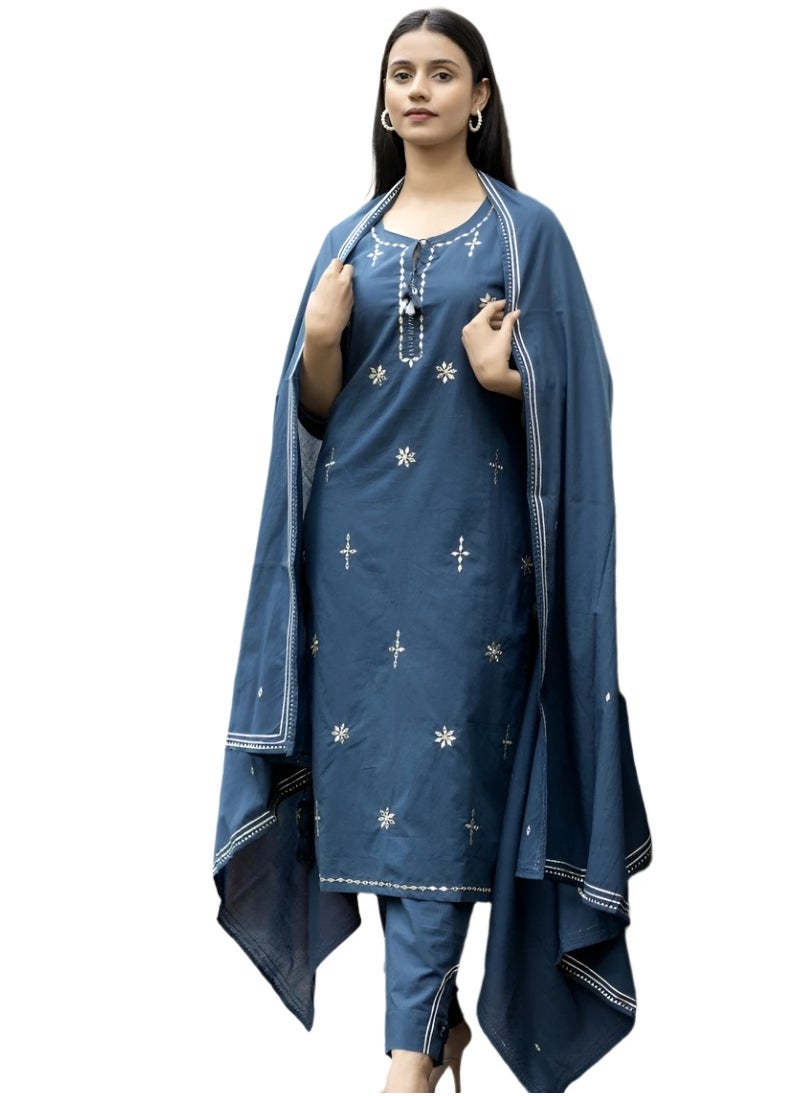 Mirror Embroidered Floral Cotton Kurta Set