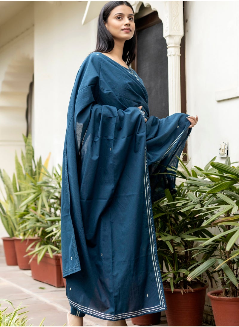 Mirror Embroidered Floral Cotton Kurta Set