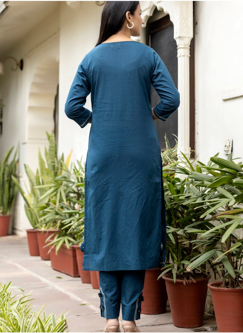 Mirror Embroidered Floral Cotton Kurta Set